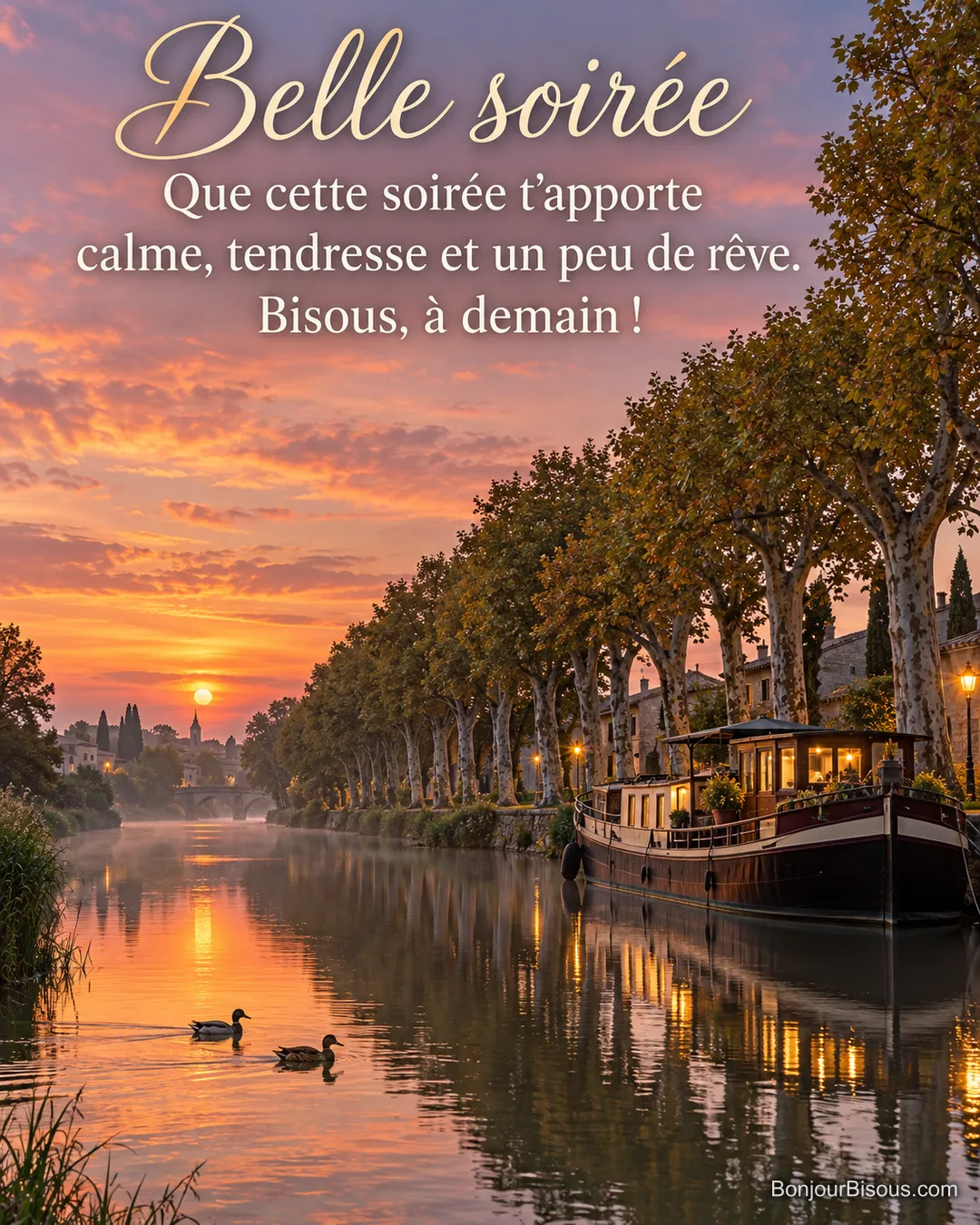 Photo du canal du Midi au coucher du soleil avec une allée de platanes, une péniche aux fenêtres éclairées et deux canards, avec le texte « Belle soirée – Que cette soirée t’apporte calme, tendresse et un peu de rêve. Bisous, à demain ! » Photo du canal du Midi au coucher du soleil avec une allée de platanes, une péniche aux fenêtres éclairées et deux canards, avec le texte « Belle soirée – Que cette soirée t’apporte calme, tendresse et un peu de rêve. Bisous, à demain ! »
