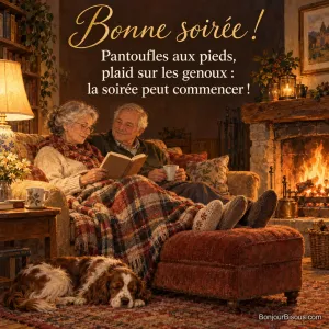 Peinture d’un couple âgé installé sur un canapé sous un plaid écossais, pieds en pantoufles sur un pouf, devant une cheminée allumée, un épagneul endormi, avec le texte « Bonne soirée ! Pantoufles aux pieds, plaid sur les genoux : la soirée peut commencer ! »
