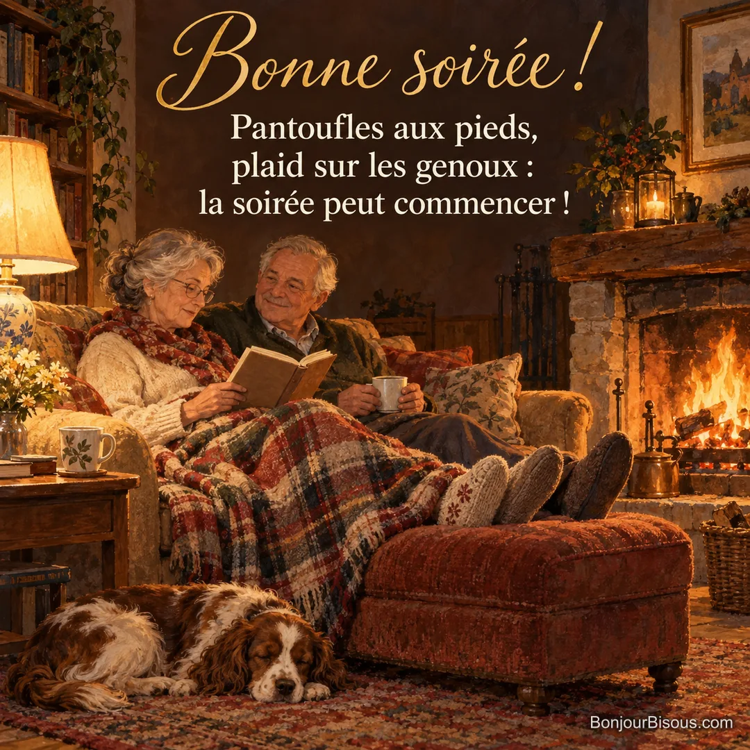 Peinture d’un couple âgé installé sur un canapé sous un plaid écossais, pieds en pantoufles sur un pouf, devant une cheminée allumée, un épagneul endormi, avec le texte « Bonne soirée ! Pantoufles aux pieds, plaid sur les genoux : la soirée peut commencer ! » Peinture d’un couple âgé installé sur un canapé sous un plaid écossais, pieds en pantoufles sur un pouf, devant une cheminée allumée, un épagneul endormi, avec le texte « Bonne soirée ! Pantoufles aux pieds, plaid sur les genoux : la soirée peut commencer ! »