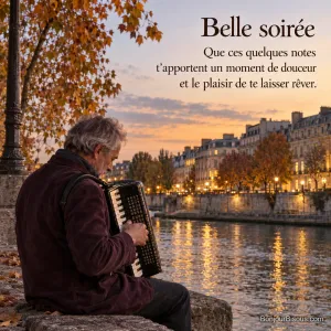 Un accordéoniste joue sur un quai parisien dans la lumière du début de soirée, avec le texte « Belle soirée Que ces quelques notes t’apportent un moment de douceur et le plaisir de te laisser rêver. ».