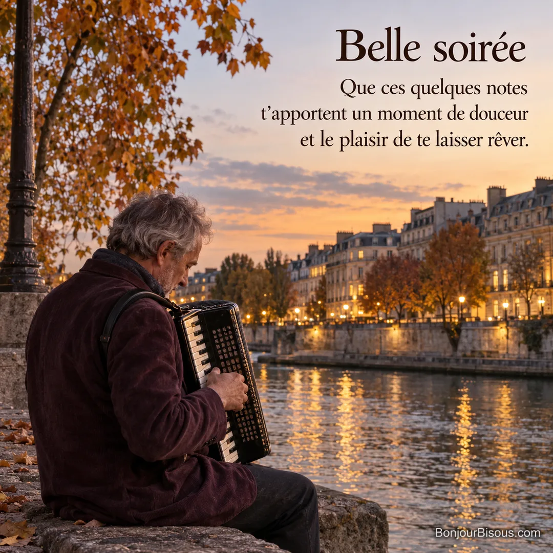 Un accordéoniste joue sur un quai parisien dans la lumière du début de soirée, avec le texte « Belle soirée Que ces quelques notes t’apportent un moment de douceur et le plaisir de te laisser rêver. ». Un accordéoniste joue sur un quai parisien dans la lumière du début de soirée, avec le texte « Belle soirée Que ces quelques notes t’apportent un moment de douceur et le plaisir de te laisser rêver. ».