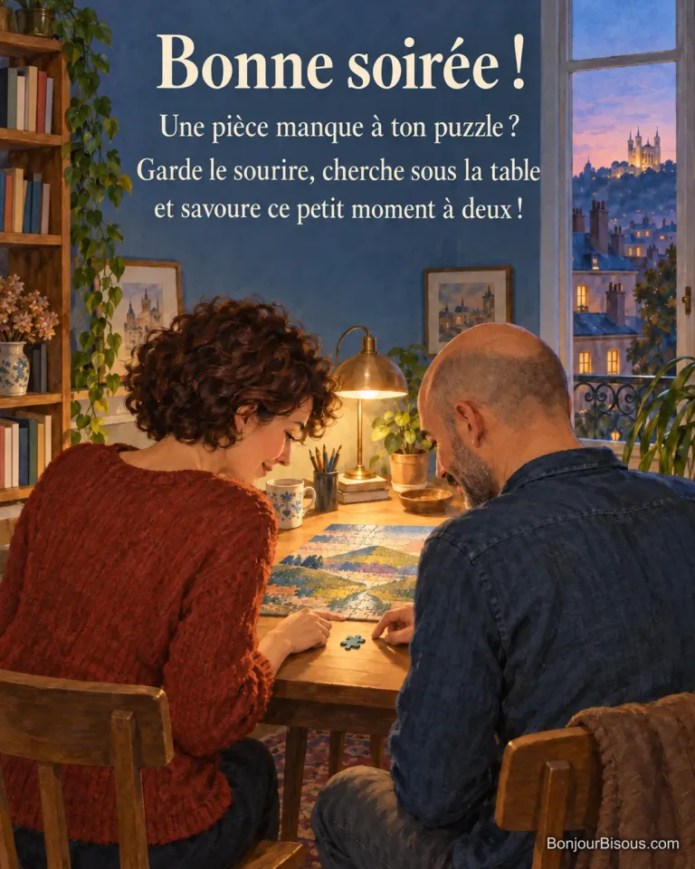 Un couple cherche une pièce de puzzle dans un appartement lyonnais au début de soirée, avec le texte « Bonne soirée ! Une pièce manque à ton puzzle ? Garde le sourire, cherche sous la table et savoure ce petit moment à deux ! ».