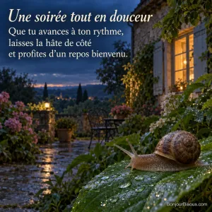 Un escargot avance sur une feuille humide dans un jardin bourguignon au crépuscule, avec le texte « Une soirée tout en douceur Que tu avances à ton rythme, laisses la hâte de côté et profites d’un repos bienvenu. ».