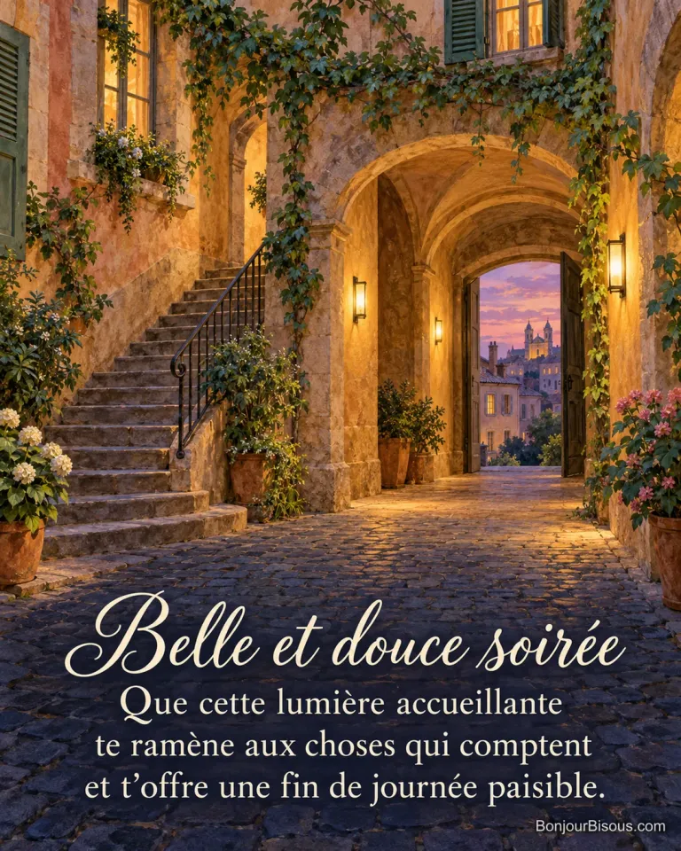 Une traboule du Vieux Lyon s’éclaire doucement à la tombée du jour, avec le texte « Belle et douce soirée Que cette lumière accueillante te ramène aux choses qui comptent et t’offre une fin de journée paisible. ».