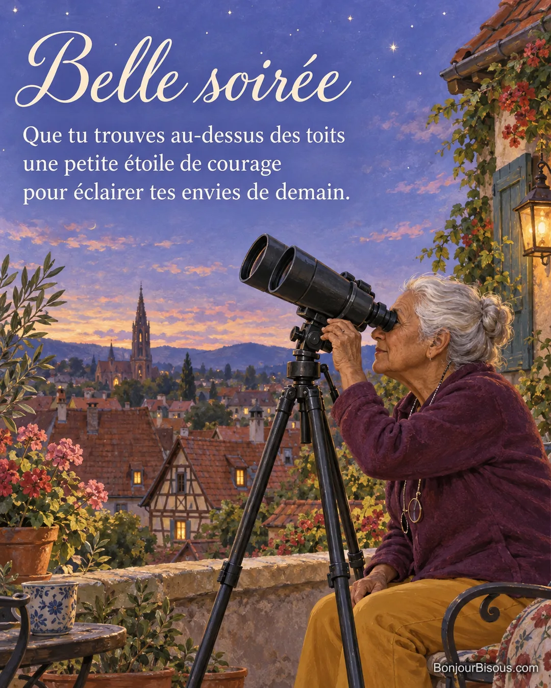 Une astronome amateur observe les premières étoiles avec des jumelles sur une terrasse alsacienne, avec le message « Belle soirée Que tu trouves au-dessus des toits une petite étoile de courage pour éclairer tes envies de demain. ». Une astronome amateur observe les premières étoiles avec des jumelles sur une terrasse alsacienne, avec le message « Belle soirée Que tu trouves au-dessus des toits une petite étoile de courage pour éclairer tes envies de demain. ».