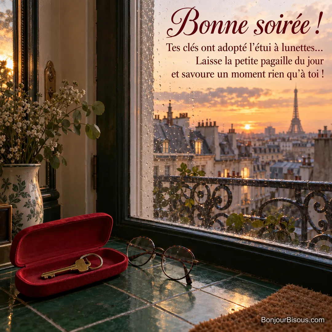 Une grosse clé occupe un étui rouge tandis que les lunettes attendent à côté dans la lumière du soir, avec le message « Bonne soirée ! Tes clés ont adopté l’étui à lunettes… Laisse la petite pagaille du jour et savoure un moment rien qu’à toi ! ». Une grosse clé occupe un étui rouge tandis que les lunettes attendent à côté dans la lumière du soir, avec le message « Bonne soirée ! Tes clés ont adopté l’étui à lunettes… Laisse la petite pagaille du jour et savoure un moment rien qu’à toi ! ».