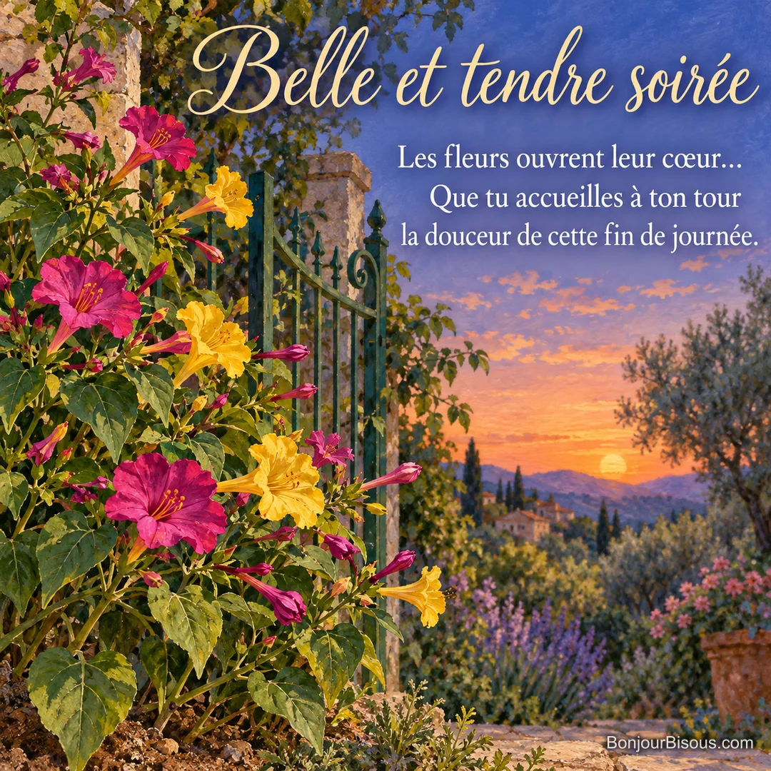 Des belles-de-nuit jaunes et magenta s’ouvrent dans un jardin du Roussillon au crépuscule, avec le message « Belle et tendre soirée Les fleurs ouvrent leur cœur… Que tu accueilles à ton tour la douceur de cette fin de journée. ». Des belles-de-nuit jaunes et magenta s’ouvrent dans un jardin du Roussillon au crépuscule, avec le message « Belle et tendre soirée Les fleurs ouvrent leur cœur… Que tu accueilles à ton tour la douceur de cette fin de journée. ».