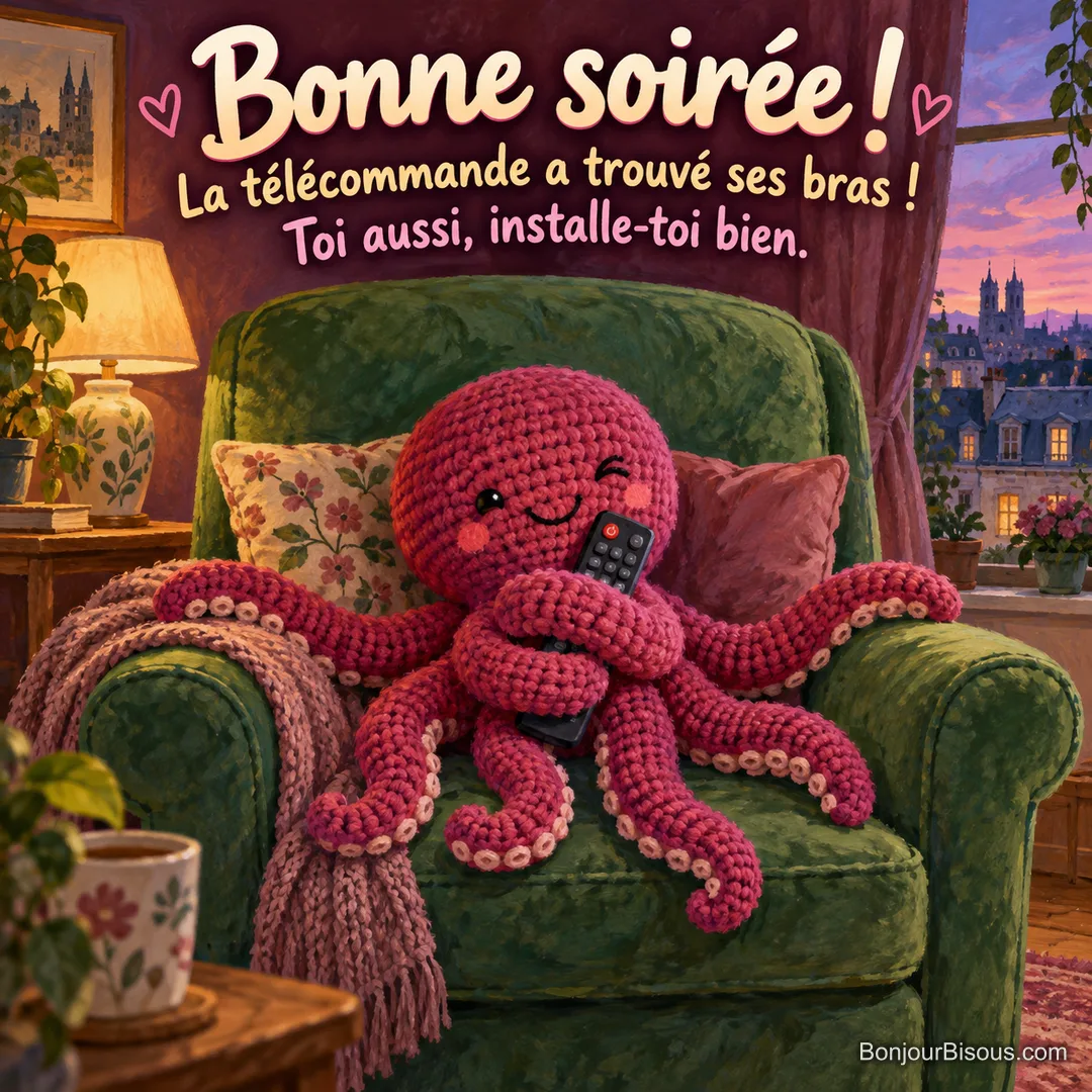 Une pieuvre en crochet framboise garde la télécommande contre elle en occupant un fauteuil vert, avec le message « Bonne soirée ! La télécommande a trouvé ses bras ! Toi aussi, installe-toi bien. ». Une pieuvre en crochet framboise garde la télécommande contre elle en occupant un fauteuil vert, avec le message « Bonne soirée ! La télécommande a trouvé ses bras ! Toi aussi, installe-toi bien. ».
