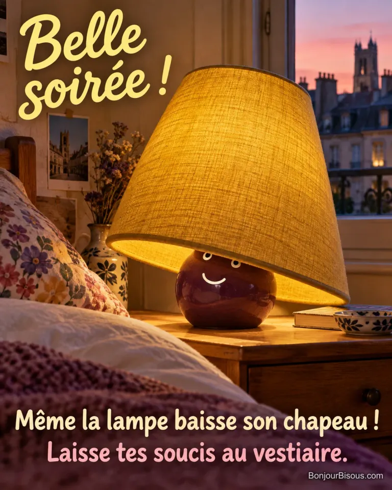 Une petite lampe prune disparaît sous son immense abat-jour jaune incliné comme un chapeau, avec le message « Belle soirée ! Même la lampe baisse son chapeau ! Laisse tes soucis au vestiaire. ».