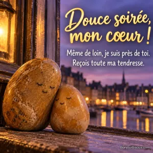 Deux galets ambrés aux yeux clos se blottissent l’un contre l’autre dans la lumière chaude du soir, avec le message « Douce soirée, mon cœur ! Même de loin, je suis près de toi. Reçois toute ma tendresse. ».