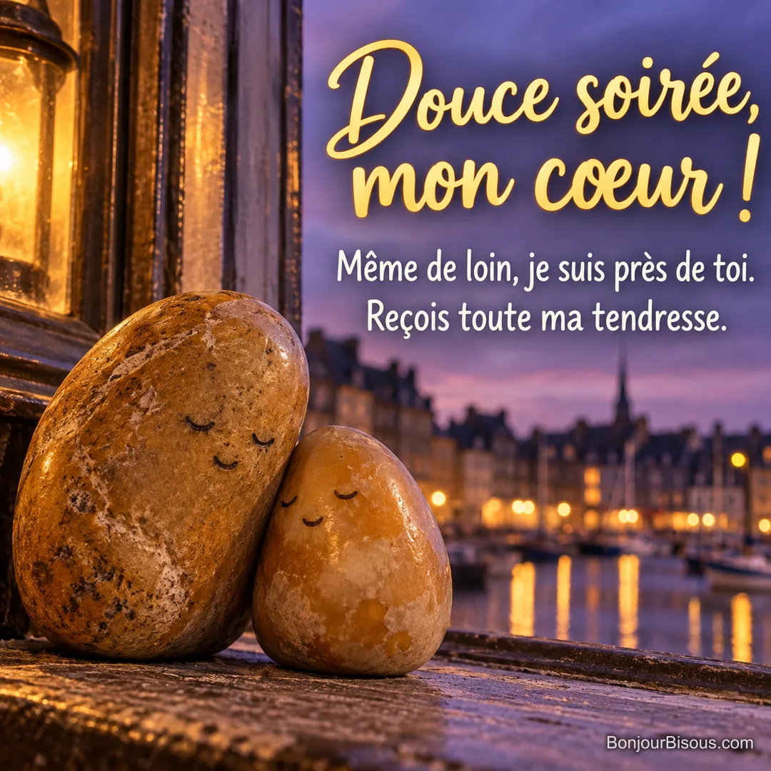 Deux galets ambrés aux yeux clos se blottissent l’un contre l’autre dans la lumière chaude du soir, avec le message « Douce soirée, mon cœur ! Même de loin, je suis près de toi. Reçois toute ma tendresse. ». Deux galets ambrés aux yeux clos se blottissent l’un contre l’autre dans la lumière chaude du soir, avec le message « Douce soirée, mon cœur ! Même de loin, je suis près de toi. Reçois toute ma tendresse. ».