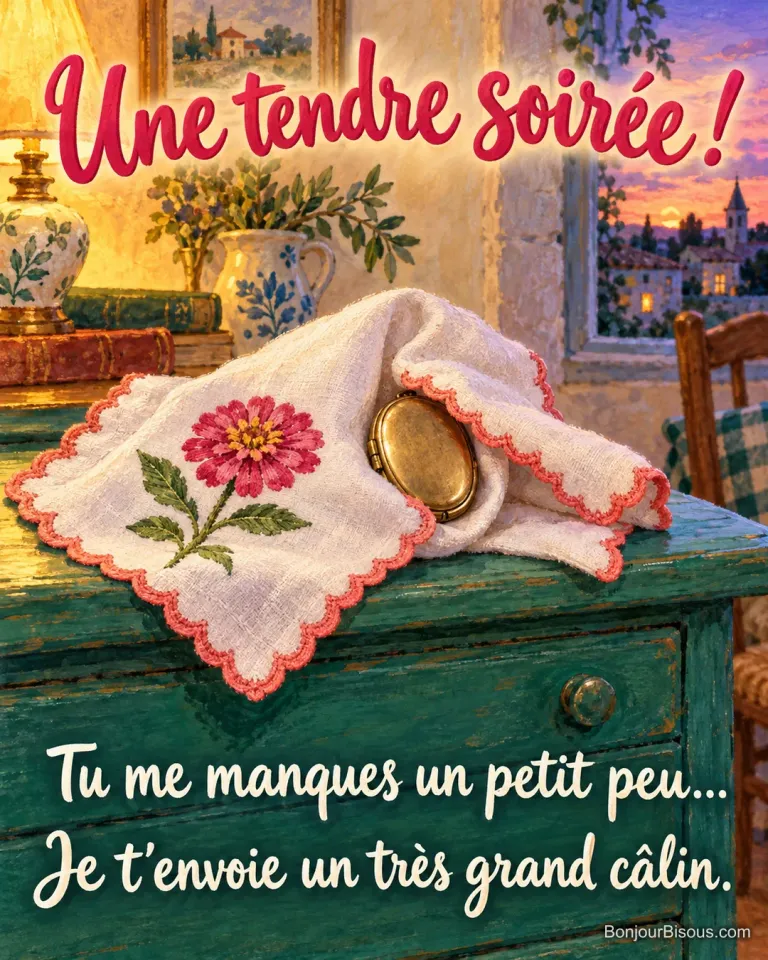 Un mouchoir brodé d’un zinnia magenta enveloppe doucement un médaillon posé sur une commode, avec le message « Une tendre soirée ! Tu me manques un petit peu… Je t’envoie un très grand câlin. ».