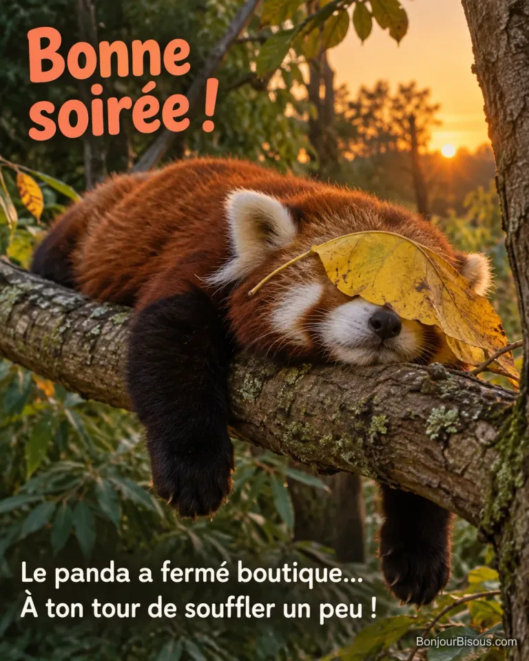 Un panda roux dort sur une branche, une feuille posée sur le museau, avec le texte « Bonne soirée ! Le panda a fermé boutique… À ton tour de souffler un peu ! ».