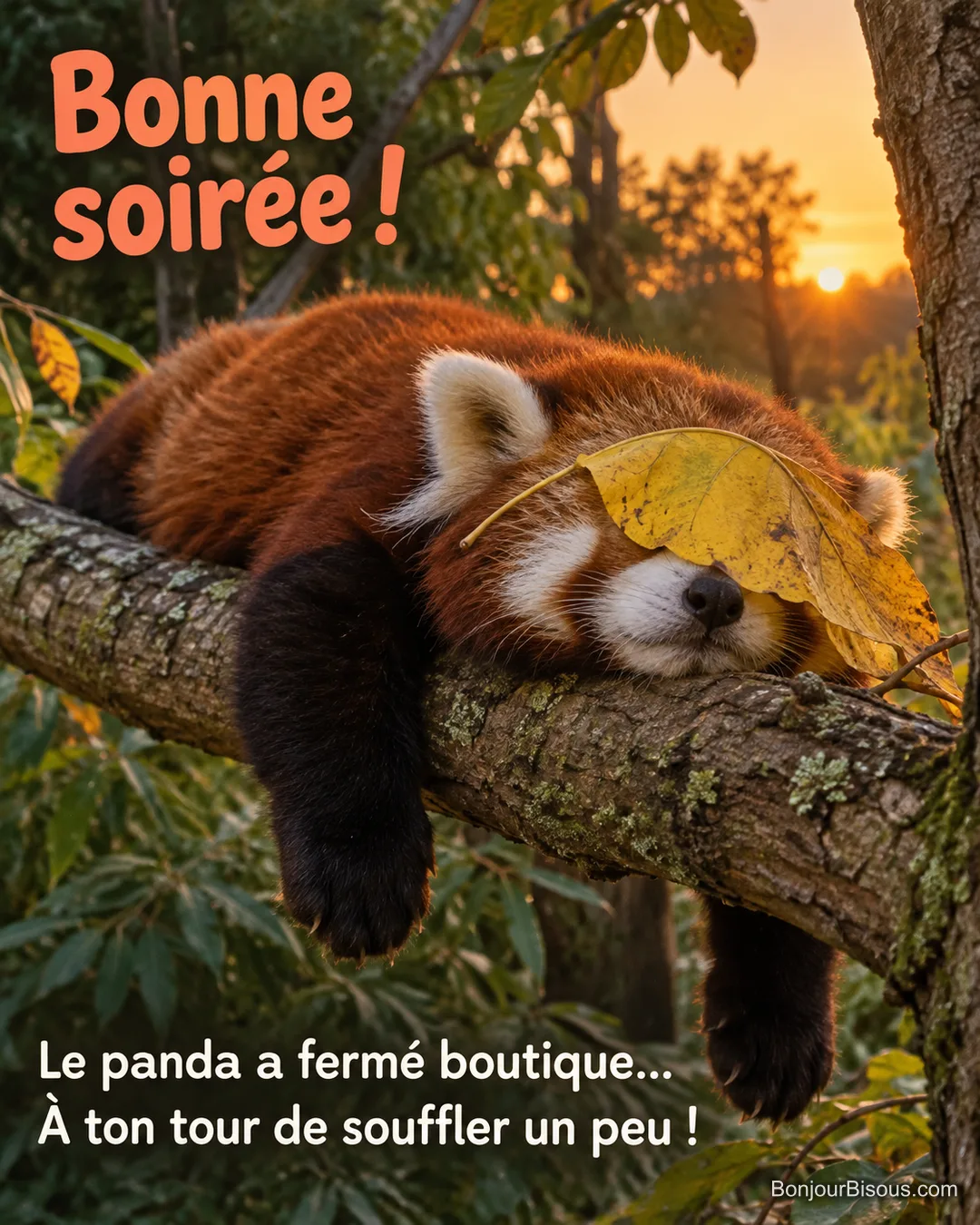 Un panda roux dort sur une branche, une feuille posée sur le museau, avec le texte « Bonne soirée ! Le panda a fermé boutique… À ton tour de souffler un peu ! ».
