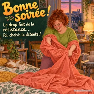 Une jeune femme rit en essayant de plier un drap-housse qui s’enroule autour de ses bras, avec le texte « Bonne soirée ! Le drap fait de la résistance… Toi, choisis la détente ! ».