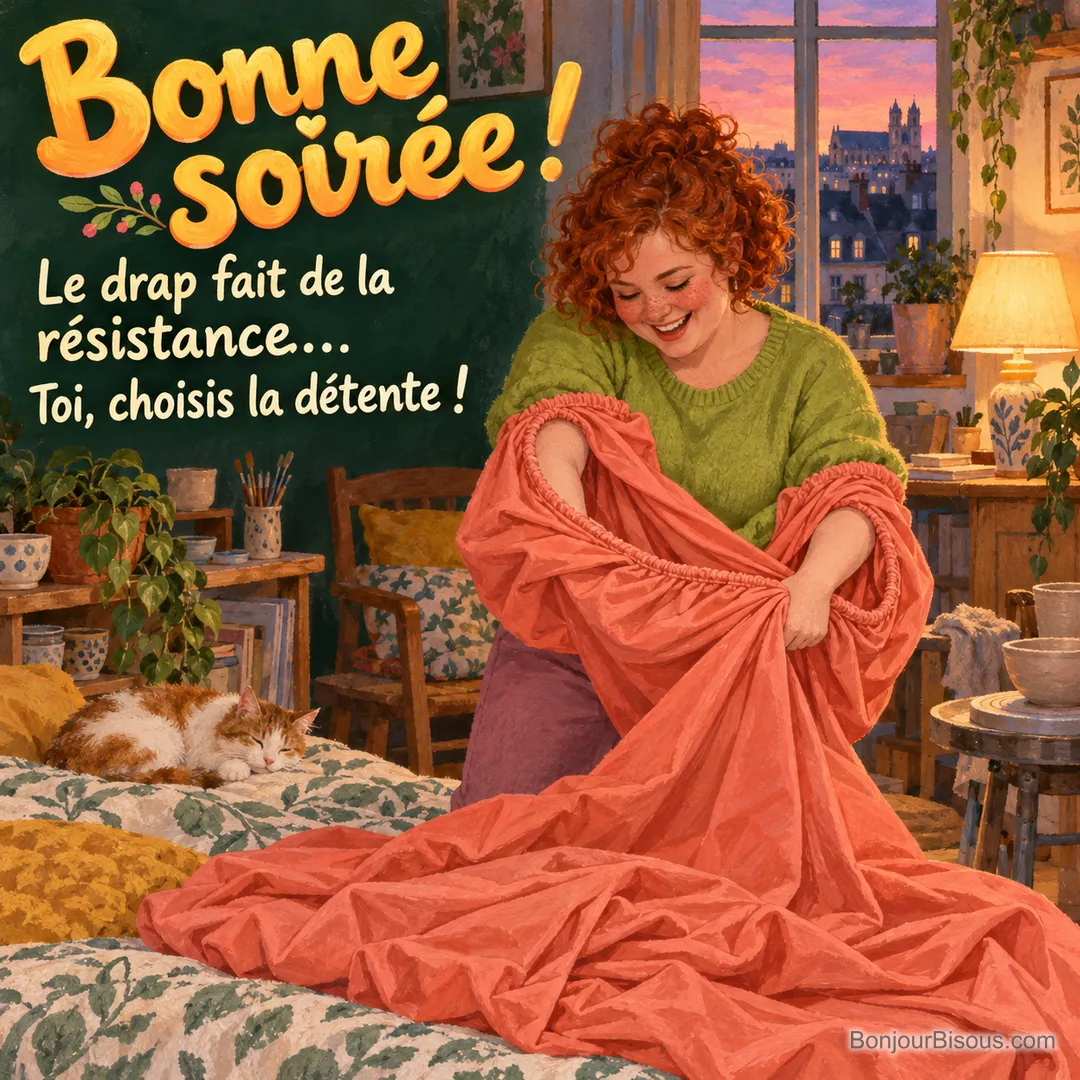 Une jeune femme rit en essayant de plier un drap-housse qui s’enroule autour de ses bras, avec le texte « Bonne soirée ! Le drap fait de la résistance… Toi, choisis la détente ! ».