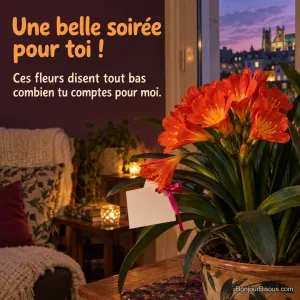 Des fleurs orange de clivia illuminent une fenêtre dans la douceur du soir, avec le texte « Une belle soirée pour toi ! Ces fleurs disent tout bas combien tu comptes pour moi. ».