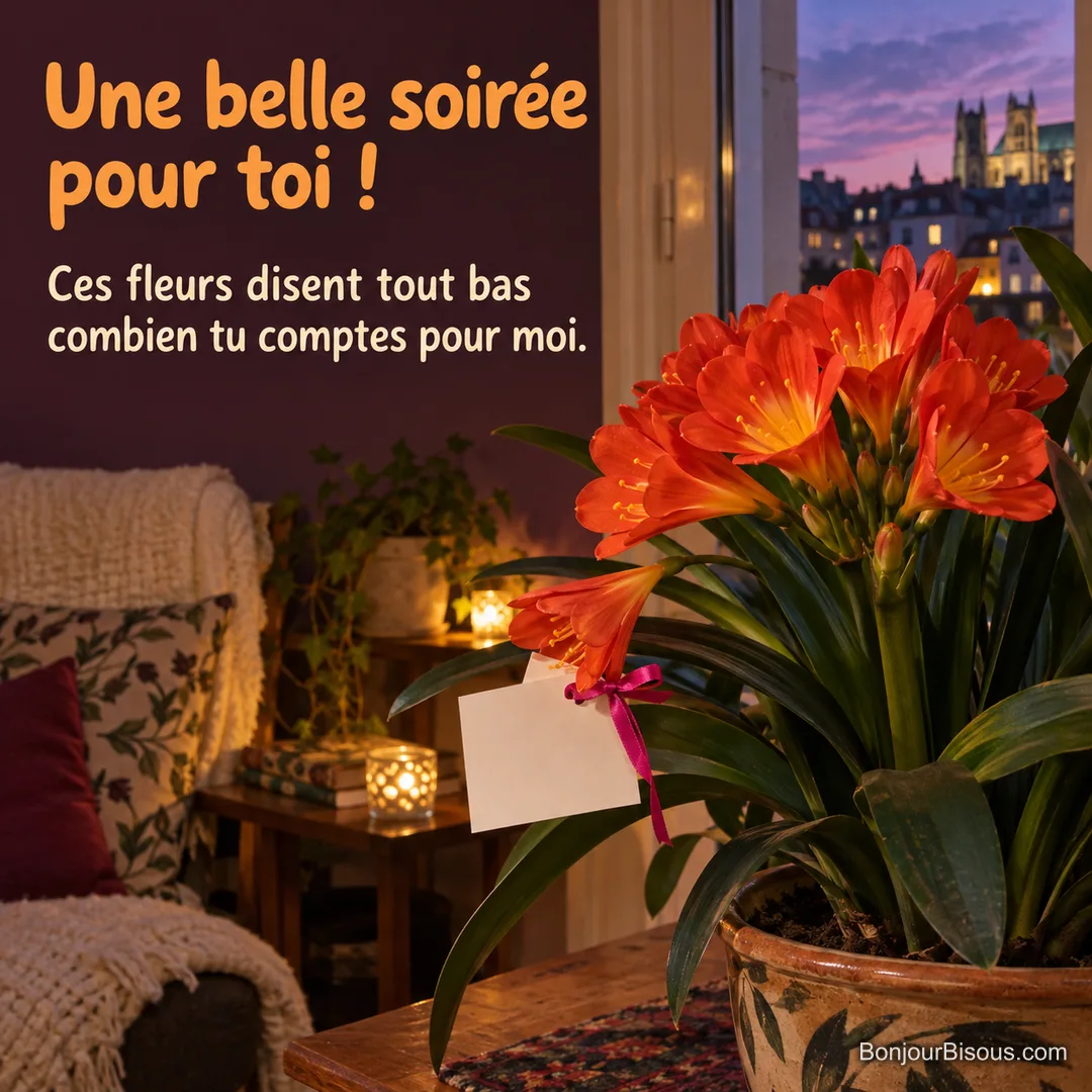 Des fleurs orange de clivia illuminent une fenêtre dans la douceur du soir, avec le texte « Une belle soirée pour toi ! Ces fleurs disent tout bas combien tu comptes pour moi. ».