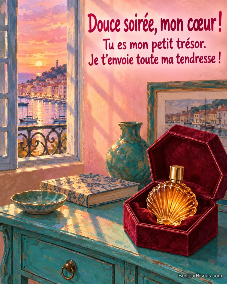 Un flacon de parfum ambré en forme de coquillage attend dans un écrin rouge ouvert, avec le texte « Douce soirée, mon cœur ! Tu es mon petit trésor. Je t’envoie toute ma tendresse ! ».