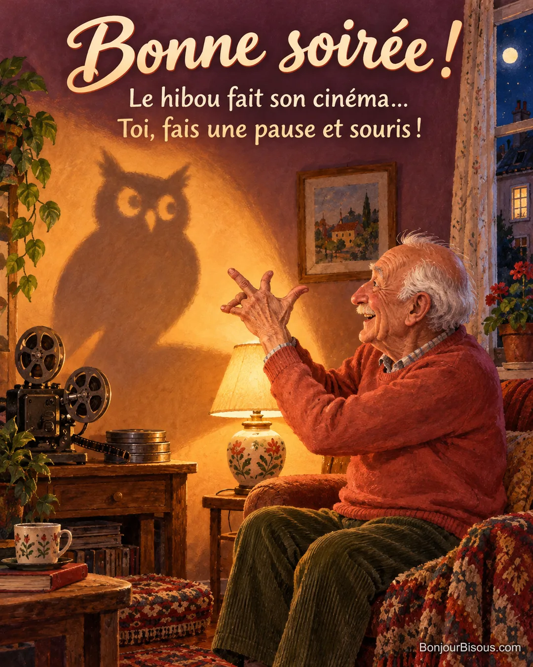 Un homme en pull corail s’amuse à faire apparaître une grande ombre de hibou avec ses mains dans son salon du soir, avec le message « Bonne soirée ! Le hibou fait son cinéma… Toi, fais une pause et souris ! ».
