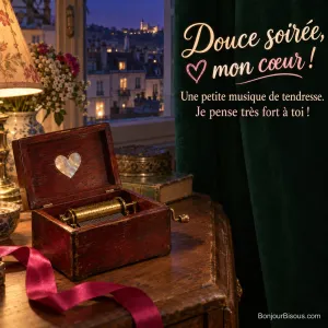 Une boîte à musique en noyer ouverte laisse briller son mécanisme de laiton et un cœur de nacre dans la douceur du soir, avec le message « Douce soirée, mon cœur ! Une petite musique de tendresse. Je pense très fort à toi ! ».