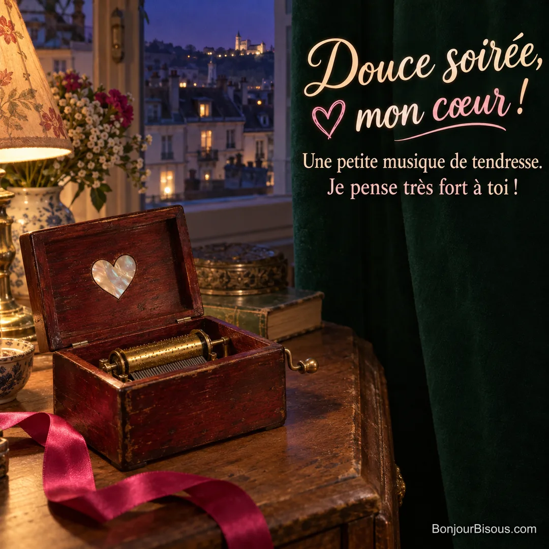 Une boîte à musique en noyer ouverte laisse briller son mécanisme de laiton et un cœur de nacre dans la douceur du soir, avec le message « Douce soirée, mon cœur ! Une petite musique de tendresse. Je pense très fort à toi ! ».
