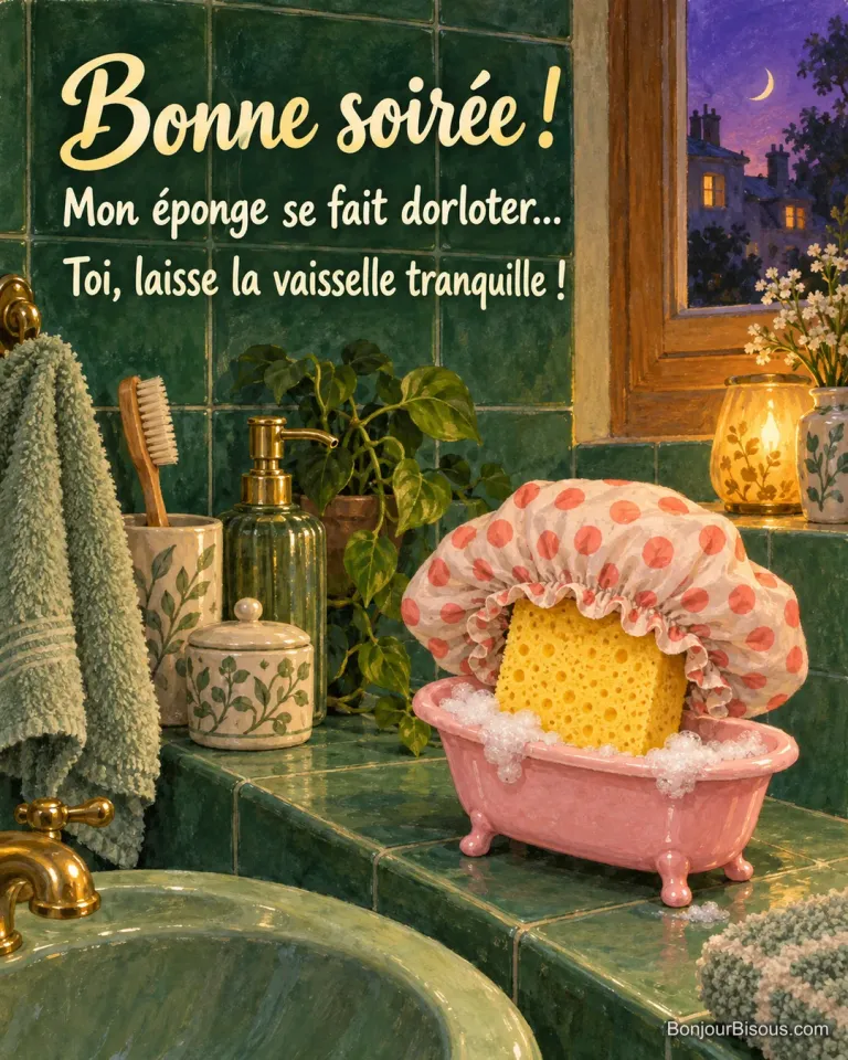 Une éponge jaune coiffée d’un énorme bonnet de douche prend un bain dans une minuscule baignoire rose à la lumière du soir. Le message est : « Bonne soirée ! Mon éponge se fait dorloter… Toi, laisse la vaisselle tranquille ! ».
