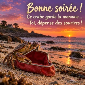 Un petit crabe garde le fermoir d’un porte-monnaie rouge sur une plage bretonne au soleil couchant. Le message est : « Bonne soirée ! Ce crabe garde la monnaie… Toi, dépense des sourires ! ».
