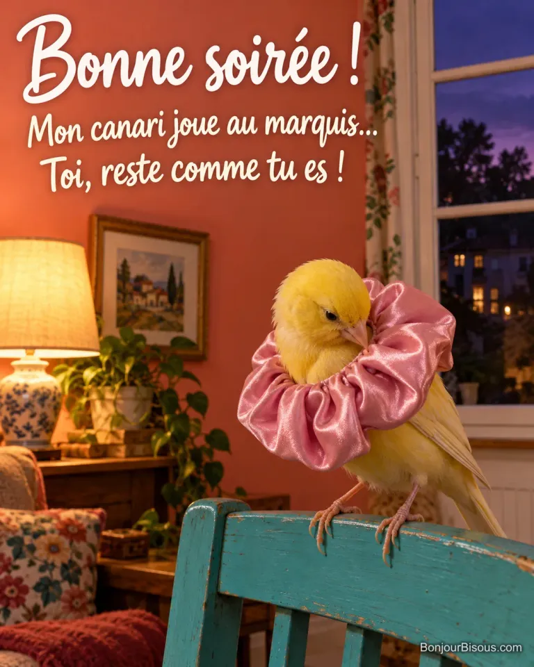 Un canari jaune porte un large chouchou rose comme une collerette dans un salon éclairé au début de soirée. Le message est : « Bonne soirée ! Mon canari joue au marquis… Toi, reste comme tu es ! ».