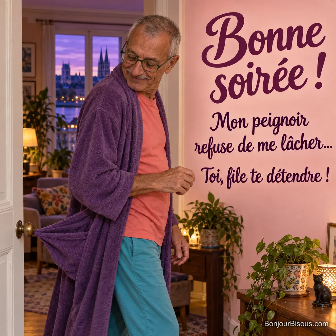 Un homme aux cheveux gris sourit en découvrant la poche de son peignoir retenue par la poignée d’une porte le soir. Le message est : « Bonne soirée ! Mon peignoir refuse de me lâcher… Toi, file te détendre ! ».