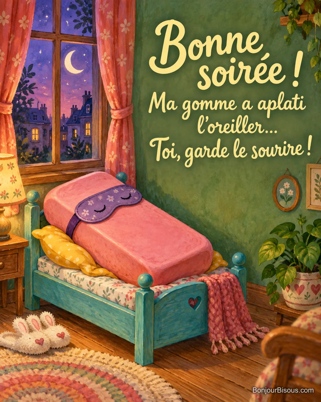 Une grosse gomme rose avec masque de sommeil écrase un petit oreiller dans un lit miniature au début de soirée. Le message est : « Bonne soirée ! Ma gomme a aplati l’oreiller… Toi, garde le sourire ! ».