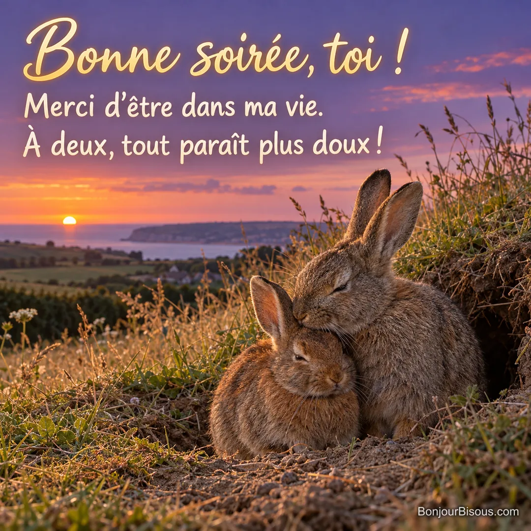 Deux lapins de garenne de pelages différents se blottissent à l’entrée de leur terrier dans la douceur du soir. Le message est : « Bonne soirée, toi ! Merci d’être dans ma vie. À deux, tout paraît plus doux ! ». Deux lapins de garenne de pelages différents se blottissent à l’entrée de leur terrier dans la douceur du soir. Le message est : « Bonne soirée, toi ! Merci d’être dans ma vie. À deux, tout paraît plus doux ! ».