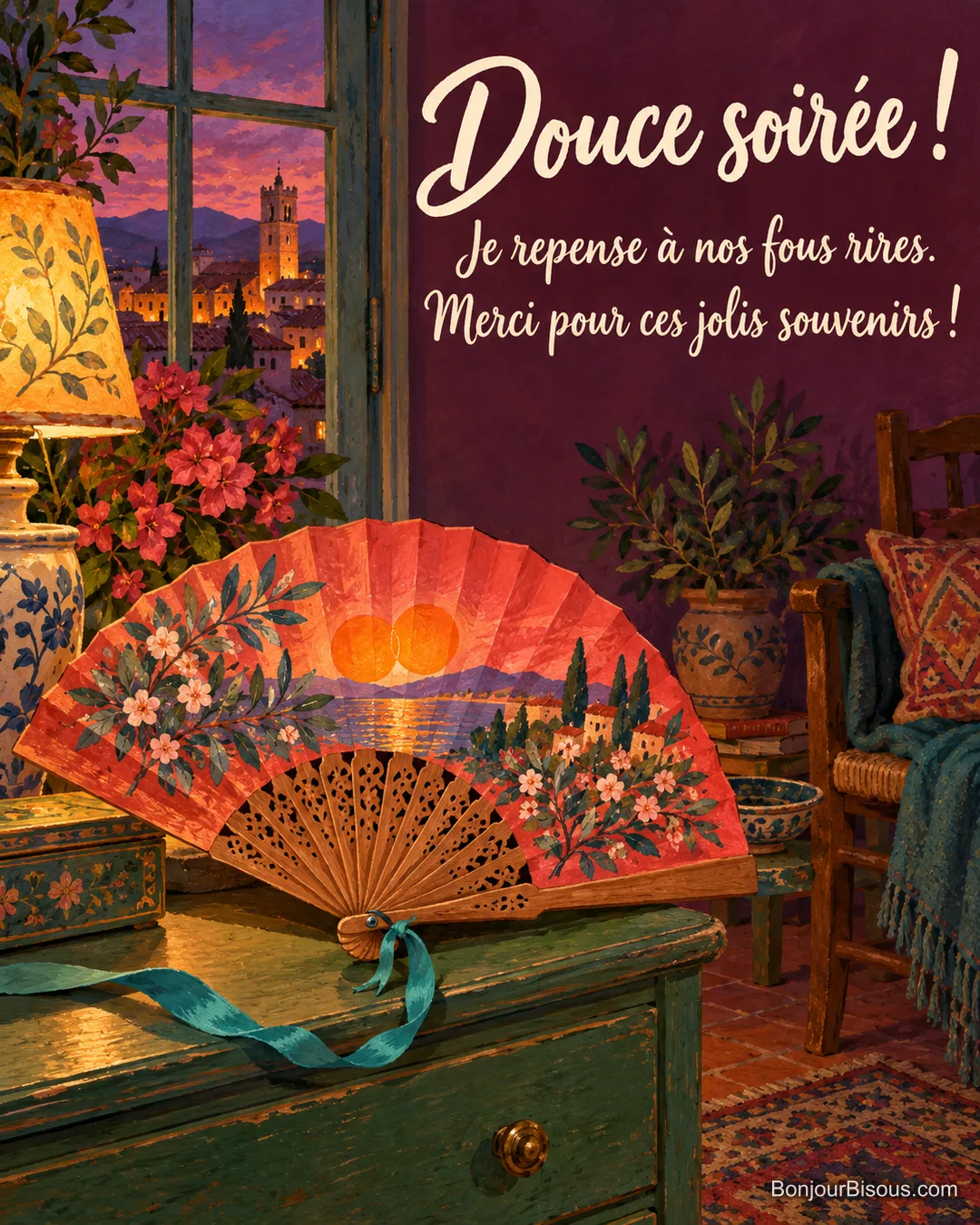 Un éventail rouge décoré de deux petits soleils garde de joyeux souvenirs sur une commode dans la lumière du soir. Le message est : « Douce soirée ! Je repense à nos fous rires. Merci pour ces jolis souvenirs ! ». Un éventail rouge décoré de deux petits soleils garde de joyeux souvenirs sur une commode dans la lumière du soir. Le message est : « Douce soirée ! Je repense à nos fous rires. Merci pour ces jolis souvenirs ! ».