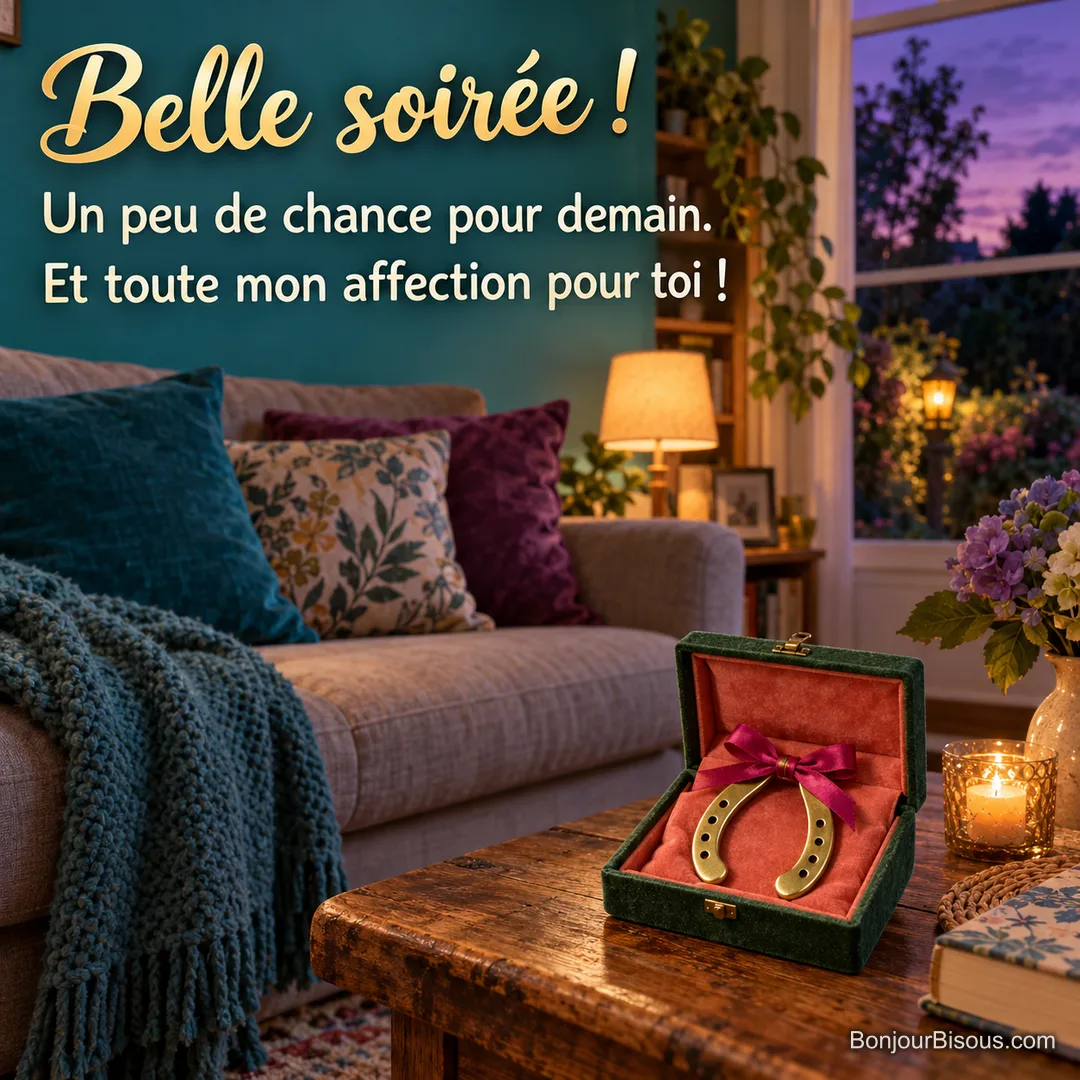 Un petit fer à cheval doré offert dans un écrin vert apporte un souhait de chance à la fin de la journée. Le message est : « Belle soirée ! Un peu de chance pour demain. Et toute mon affection pour toi ! ».