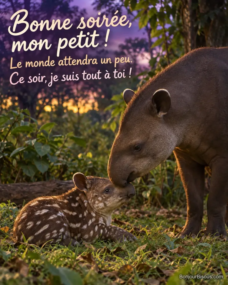 Une mère tapir touche doucement le front de son petit rayé dans un parc végétalisé au crépuscule. Le message est : « Bonne soirée, mon petit ! Le monde attendra un peu. Ce soir, je suis tout à toi ! ».