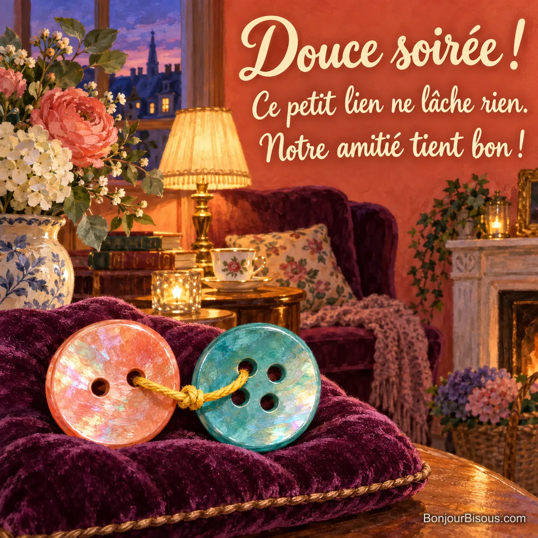 Deux boutons de nacre corail et turquoise restent unis par un cordon jaune, symbole d’une amitié solide dans la douceur du soir. Le message est : « Douce soirée ! Ce petit lien ne lâche rien. Notre amitié tient bon ! ».