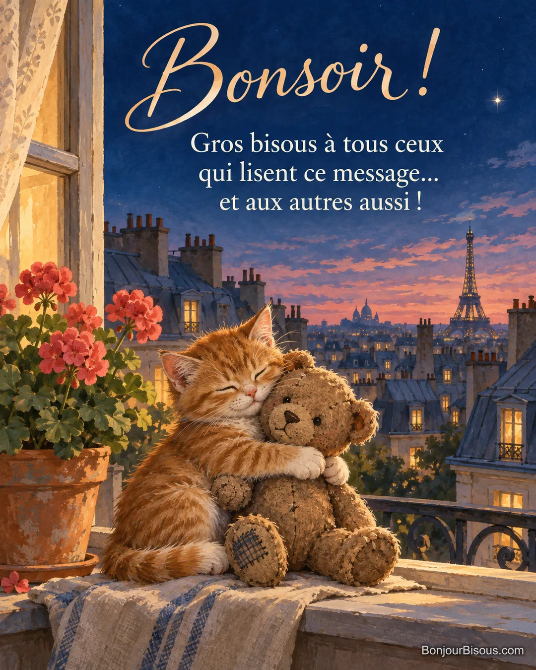 Peinture d’un chaton roux qui fait un câlin à un ours en peluche rapiécé sur un rebord de fenêtre fleuri de géraniums, toits de Paris et tour Eiffel au crépuscule, avec le texte « Bonsoir ! Gros bisous à tous ceux qui lisent ce message… et aux autres aussi ! » Peinture d’un chaton roux qui fait un câlin à un ours en peluche rapiécé sur un rebord de fenêtre fleuri de géraniums, toits de Paris et tour Eiffel au crépuscule, avec le texte « Bonsoir ! Gros bisous à tous ceux qui lisent ce message… et aux autres aussi ! »