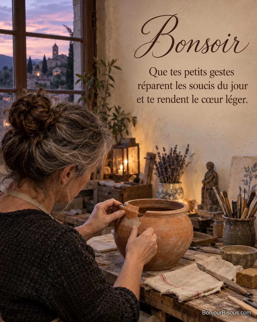 Une restauratrice répare un pot en terre cuite dans son atelier au crépuscule, avec le texte « Bonsoir Que tes petits gestes réparent les soucis du jour et te rendent le cœur léger. ». Une restauratrice répare un pot en terre cuite dans son atelier au crépuscule, avec le texte « Bonsoir Que tes petits gestes réparent les soucis du jour et te rendent le cœur léger. ».