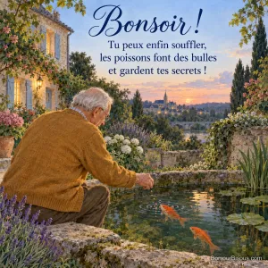 Un monsieur âgé nourrit deux poissons rouges dans un bassin de jardin à la tombée du jour, avec le texte « Bonsoir ! Tu peux enfin souffler, les poissons font des bulles et gardent tes secrets ! ».
