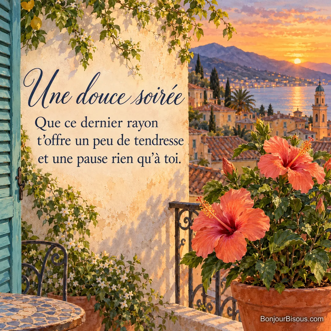 Un hibiscus corail s’épanouit sur un balcon provençal dans la lumière du soir, avec le texte « Une douce soirée Que ce dernier rayon t’offre un peu de tendresse et une pause rien qu’à toi. ». Un hibiscus corail s’épanouit sur un balcon provençal dans la lumière du soir, avec le texte « Une douce soirée Que ce dernier rayon t’offre un peu de tendresse et une pause rien qu’à toi. ».