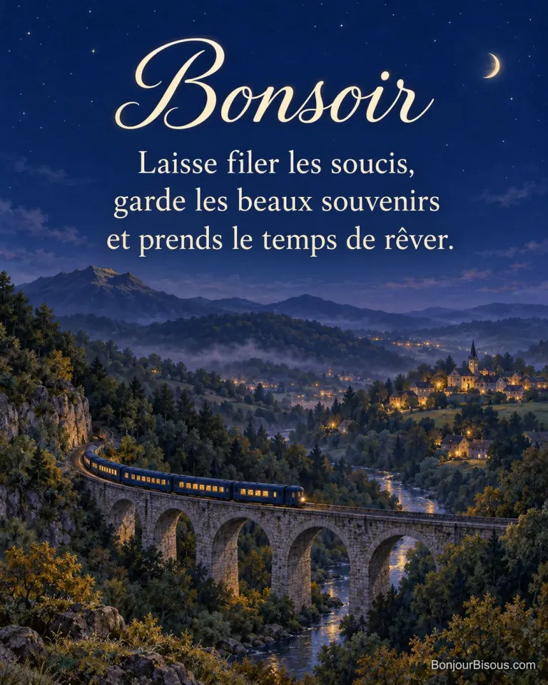 Un petit train traverse un viaduc au-dessus d’une vallée au soir, avec le texte « Bonsoir Laisse filer les soucis, garde les beaux souvenirs et prends le temps de rêver. ».
