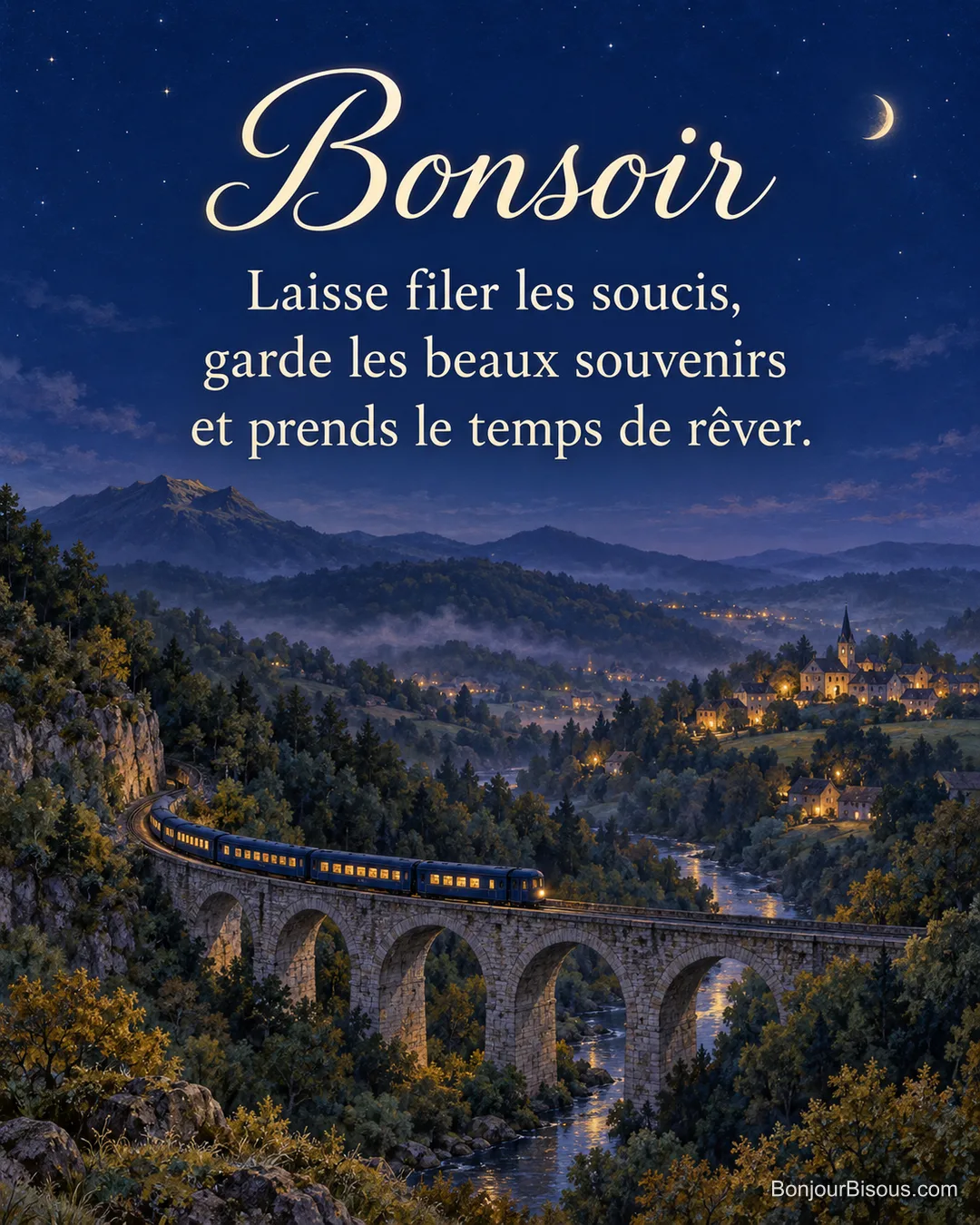 Un petit train traverse un viaduc au-dessus d’une vallée au soir, avec le texte « Bonsoir Laisse filer les soucis, garde les beaux souvenirs et prends le temps de rêver. ». Un petit train traverse un viaduc au-dessus d’une vallée au soir, avec le texte « Bonsoir Laisse filer les soucis, garde les beaux souvenirs et prends le temps de rêver. ».