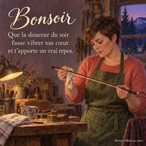 Une luthière du Jura essuie un archet dans son atelier au crépuscule, avec le texte « Bonsoir Que la douceur du soir fasse vibrer ton cœur et t’apporte un vrai repos. ».