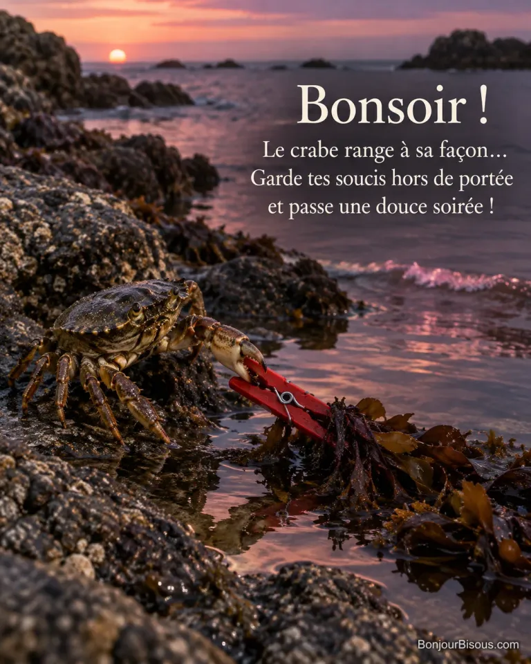 Un crabe vert tire une pince à linge rouge accrochée à une algue sur un rocher breton au soir, avec le texte « Bonsoir ! Le crabe range à sa façon… Garde tes soucis hors de portée et passe une douce soirée ! ».