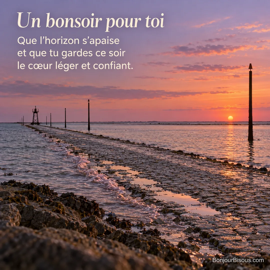 Les flaques du passage du Gois reflètent le ciel corail et lavande au crépuscule, avec le texte « Un bonsoir pour toi Que l’horizon s’apaise et que tu gardes ce soir le cœur léger et confiant. ». Les flaques du passage du Gois reflètent le ciel corail et lavande au crépuscule, avec le texte « Un bonsoir pour toi Que l’horizon s’apaise et que tu gardes ce soir le cœur léger et confiant. ».