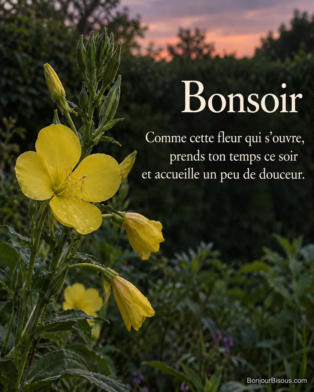 Une onagre jaune ouvre ses fleurs dans un jardin normand au crépuscule de juin, avec le texte « Bonsoir Comme cette fleur qui s’ouvre, prends ton temps ce soir et accueille un peu de douceur. ». Une onagre jaune ouvre ses fleurs dans un jardin normand au crépuscule de juin, avec le texte « Bonsoir Comme cette fleur qui s’ouvre, prends ton temps ce soir et accueille un peu de douceur. ».