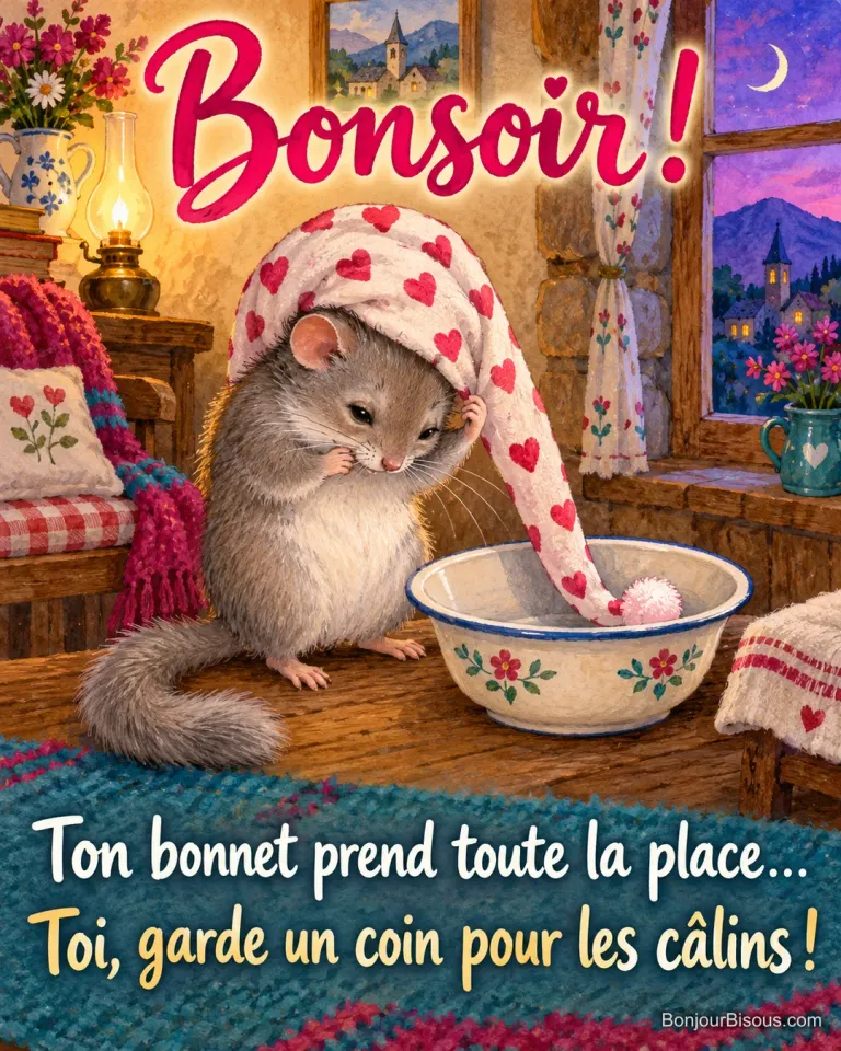 Un petit loir tire sur son bonnet de nuit trop long, dont la pointe plonge dans une bassine, avec le message « Bonsoir ! Ton bonnet prend toute la place… Toi, garde un coin pour les câlins ! ».