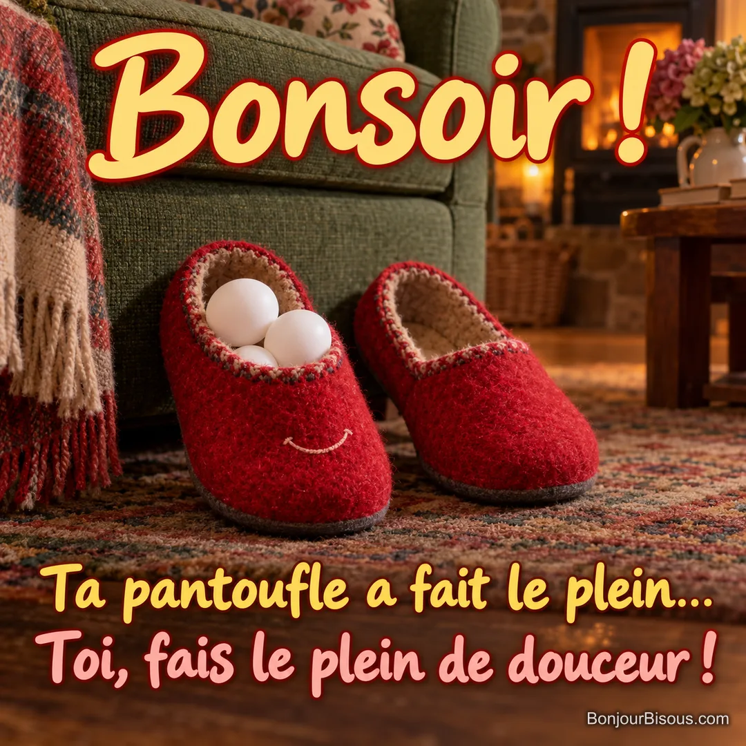 Une pantoufle rouge contient trois balles de ping-pong tandis que sa compagne reste vide, avec le message « Bonsoir ! Ta pantoufle a fait le plein… Toi, fais le plein de douceur ! ». Une pantoufle rouge contient trois balles de ping-pong tandis que sa compagne reste vide, avec le message « Bonsoir ! Ta pantoufle a fait le plein… Toi, fais le plein de douceur ! ».