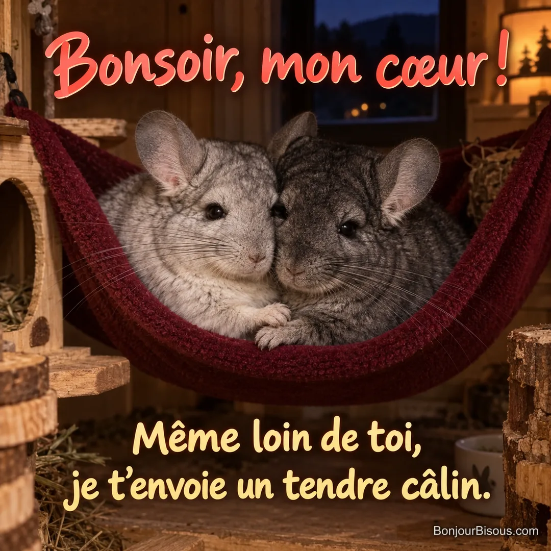 Deux chinchillas de pelages différents se blottissent joue contre joue dans un hamac bordeaux, avec le message « Bonsoir, mon cœur ! Même loin de toi, je t’envoie un tendre câlin. ». Deux chinchillas de pelages différents se blottissent joue contre joue dans un hamac bordeaux, avec le message « Bonsoir, mon cœur ! Même loin de toi, je t’envoie un tendre câlin. ».