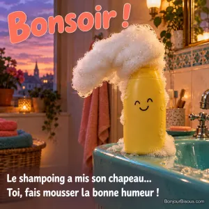 Un flacon de shampoing jaune porte un immense chapeau de mousse au bord d’un lavabo, avec le texte « Bonsoir ! Le shampoing a mis son chapeau… Toi, fais mousser la bonne humeur ! ».